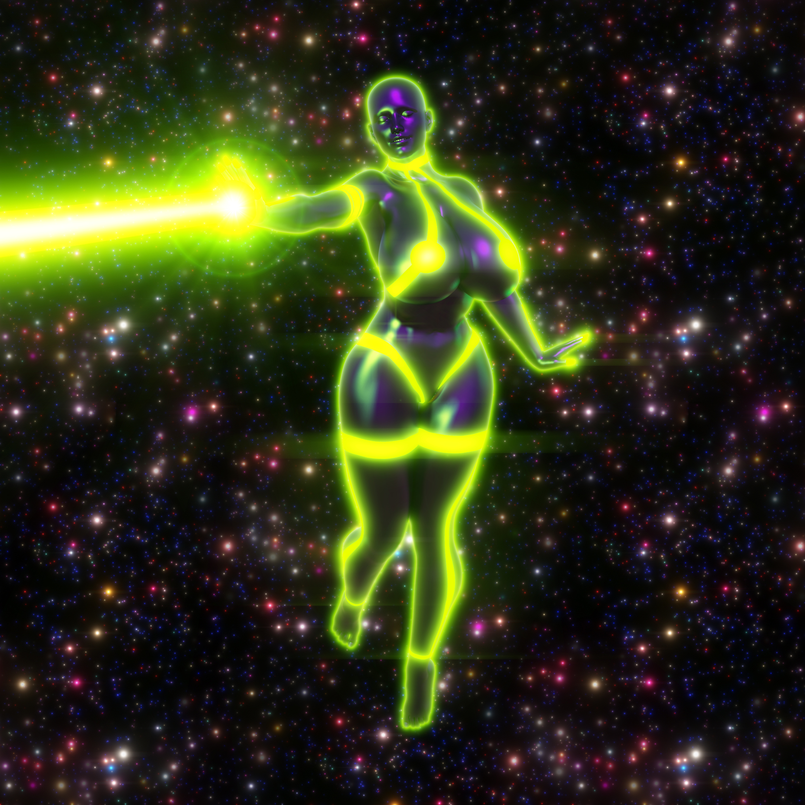 Reina Delta floats within a colorful starscape.  One arm is outstretched, shooting a beam of brilliant green-glowing energy.  Her face is one of serene bliss--her power feels incredible.